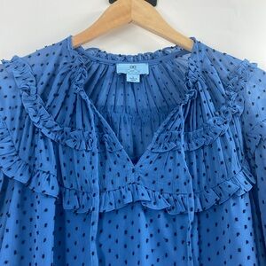 CeCe electric blue black  dot ruffle trim split neck blouse  Large